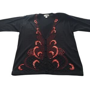 Sequin Bead Sweater Jon Lawrence LTD Wool Blend Size S Black Red Shoulder Pads